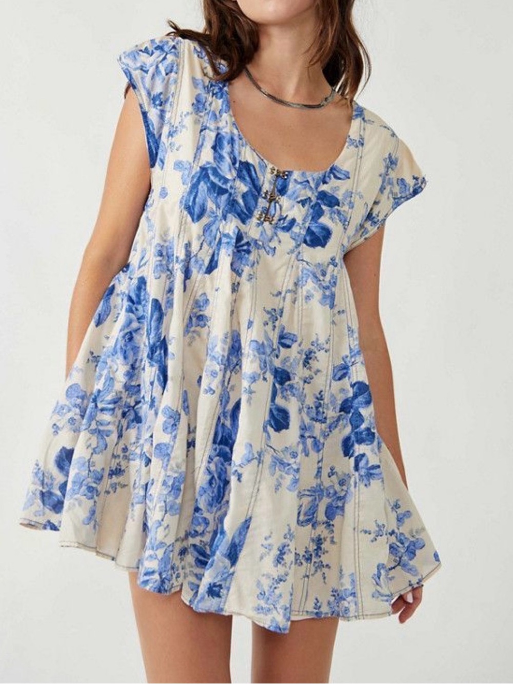 Free People Cream Tunic with Blue Floral Print